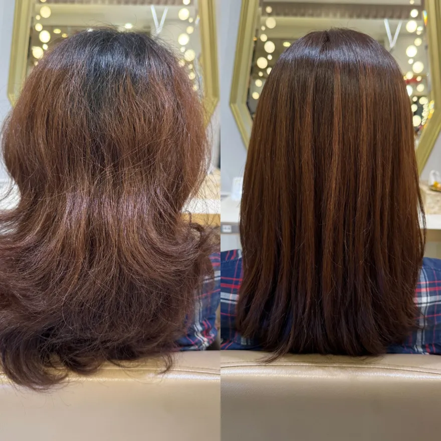 Before-and-after Japanese hair straightening on voluminous, frizzy red-brown colored hair