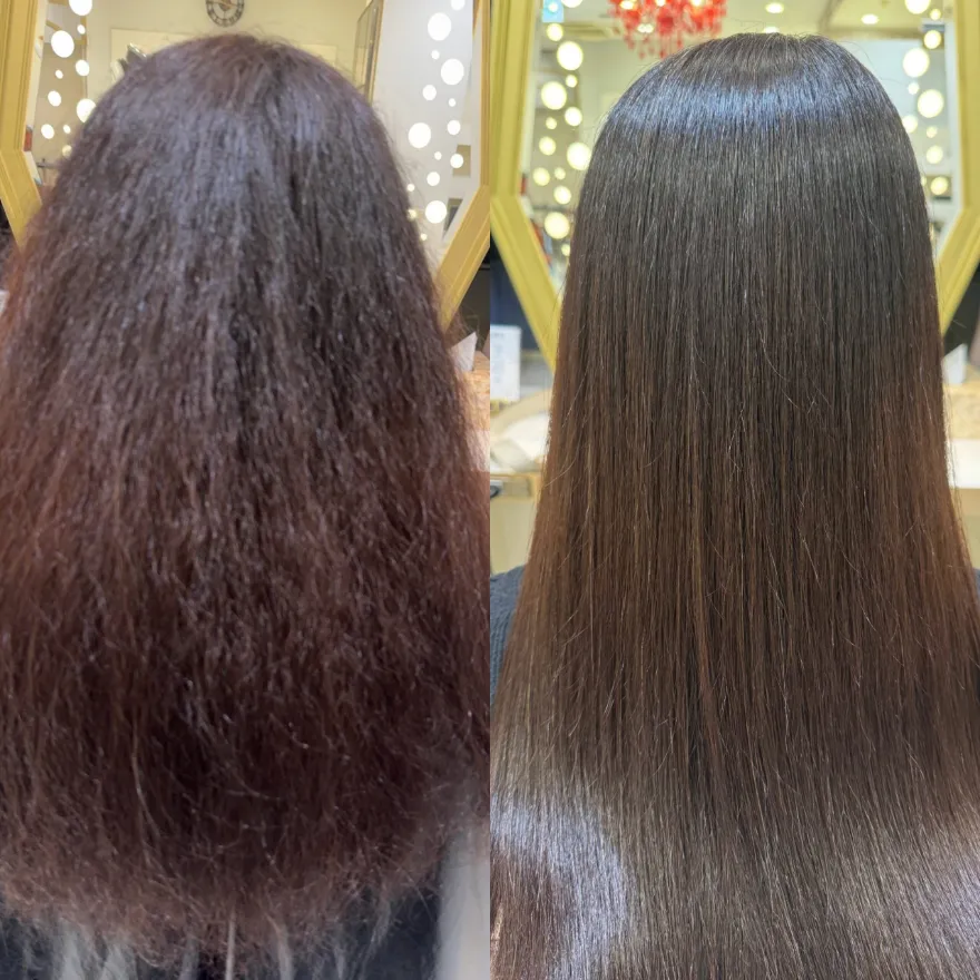 Before-and-after Japanese hair straightening on long frizzy color-treated hair