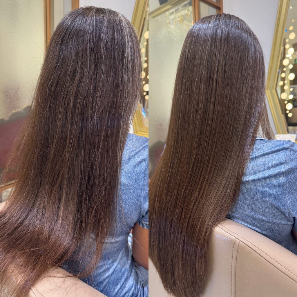 Before and after Japanese hair straightening with a layered haircut, angled view showing soft movement and smooth flow through the lengths
