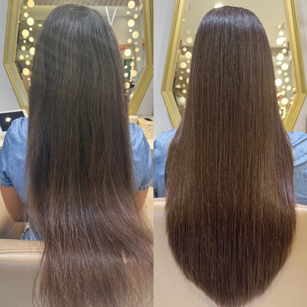 Before-and-after Japanese hair straightening on long, previously straightened hair, back view with smooth regrowth, soft ends