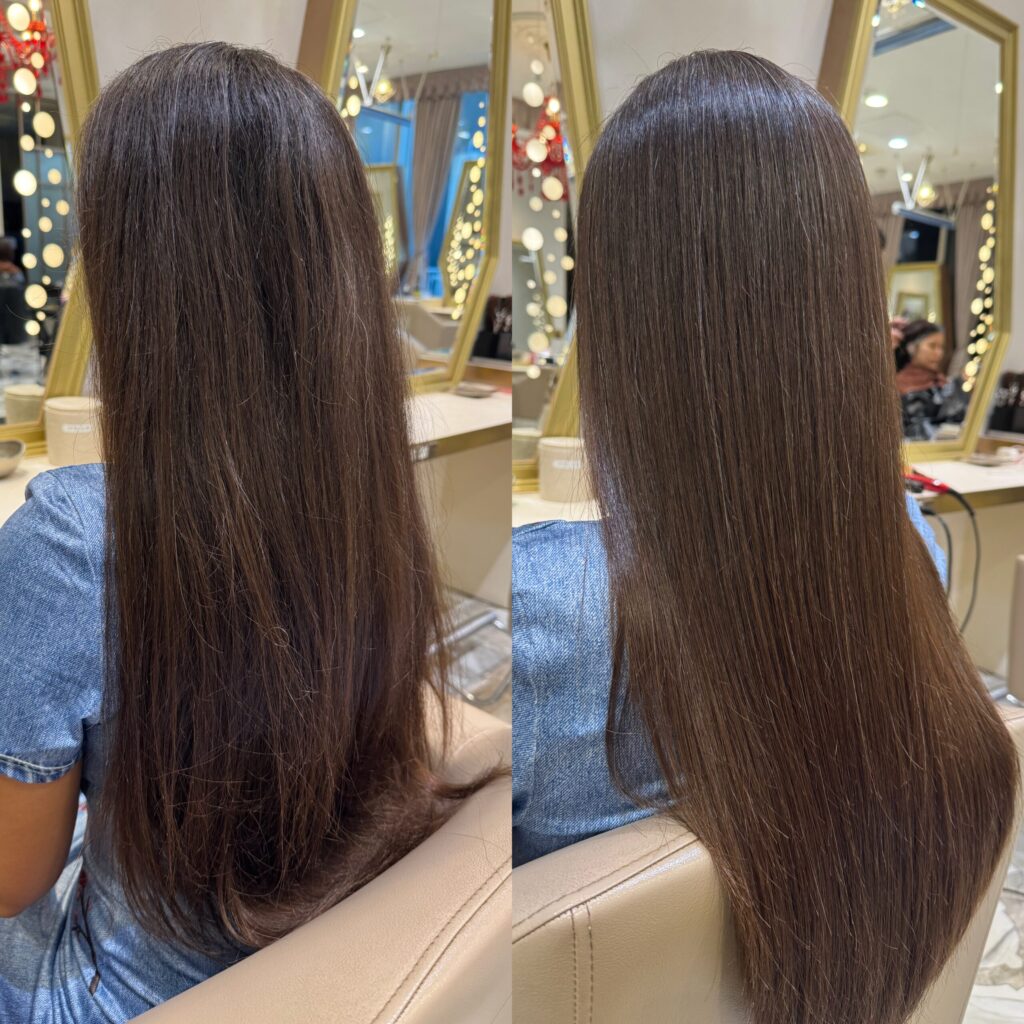 Before and after a Japanese hair straightening regrowth retouch on long brown hair, side angle showing an even, natural straight finish from roots to ends