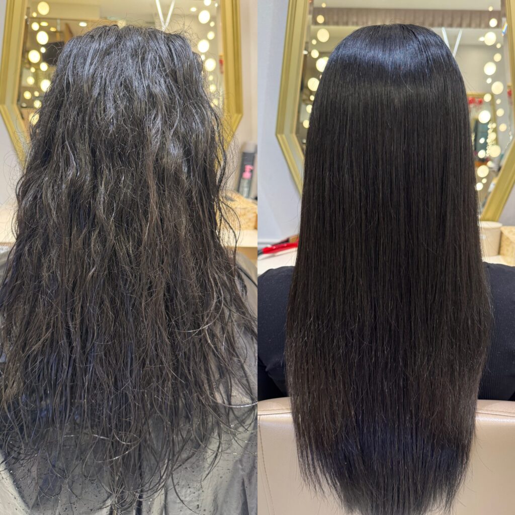 Before-and-after Japanese hair straightening on long dark wavy regrowth, back view showing a smooth, straight finish to the ends