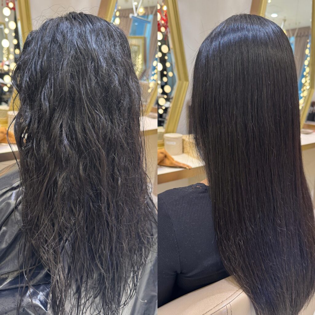 Before-and-after Japanese hair straightening, angled back view of long dark hair, wavy roots now sleek