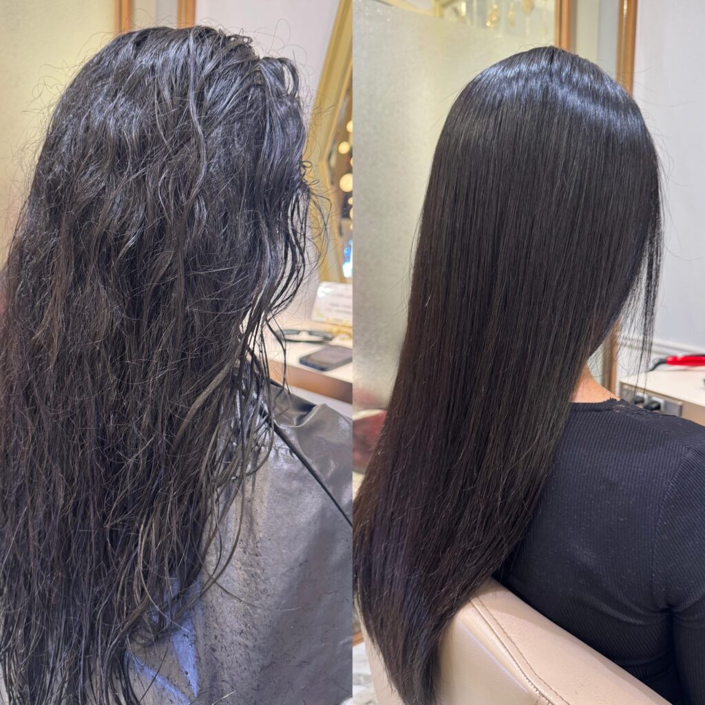 Before-and-after Japanese hair straightening, side view of long dark hair showing a sleek, natural straight finish